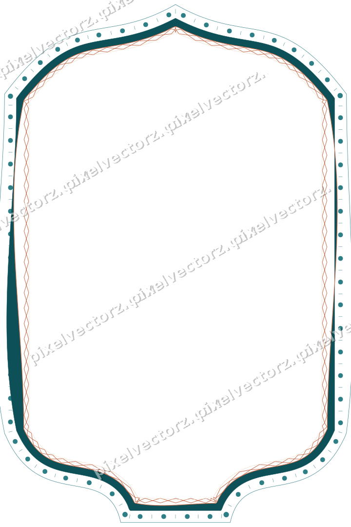 Decorative line art frame in dark teal and orange with label plaque