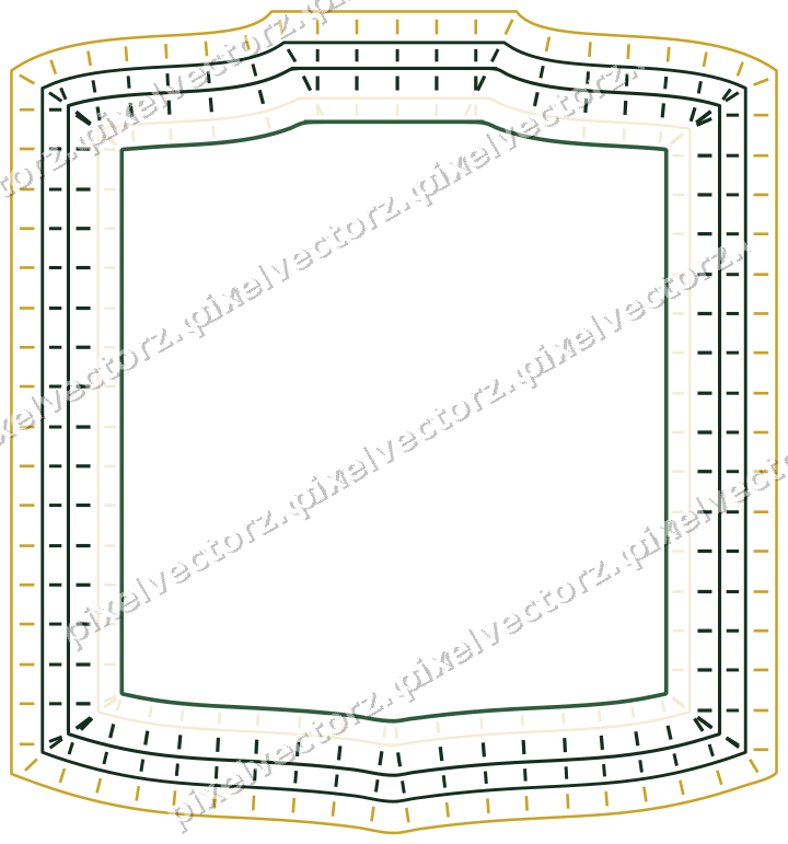 Decorative line art frame in dark green and amber with label plaque