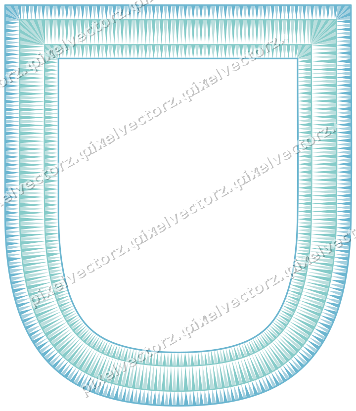 Decorative line art frame in blue and cyan with shield and dentil