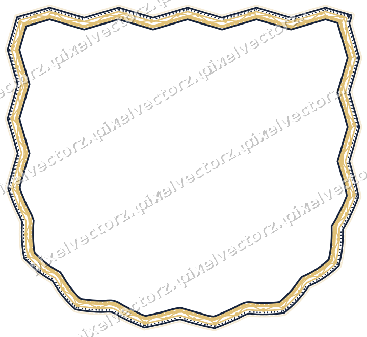 Decorative line art frame in dark blue and amber with shield