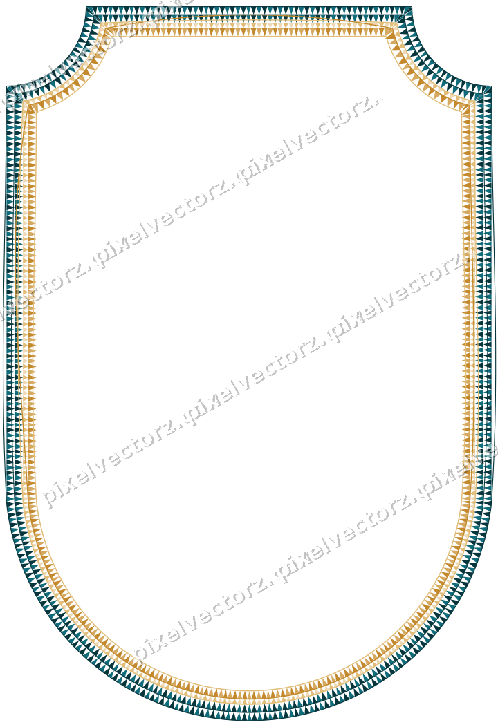 Decorative line art frame in amber and dark teal with label plaque