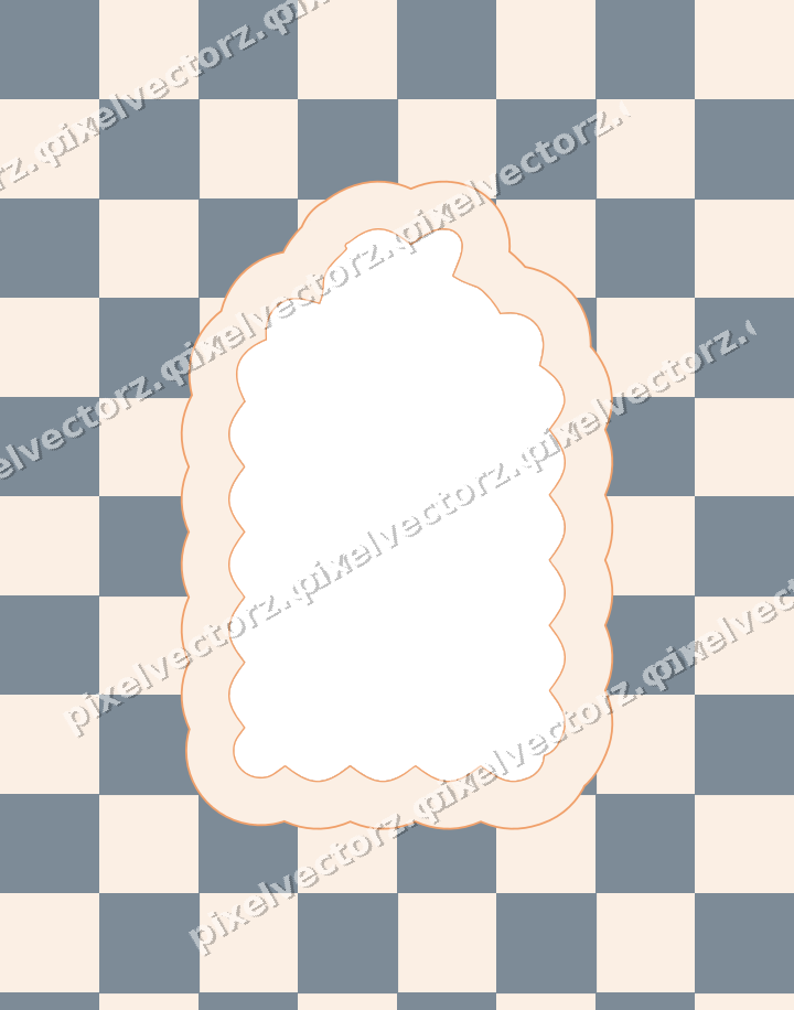 Decorative patterned mat frame in blue and orange with checkerboard