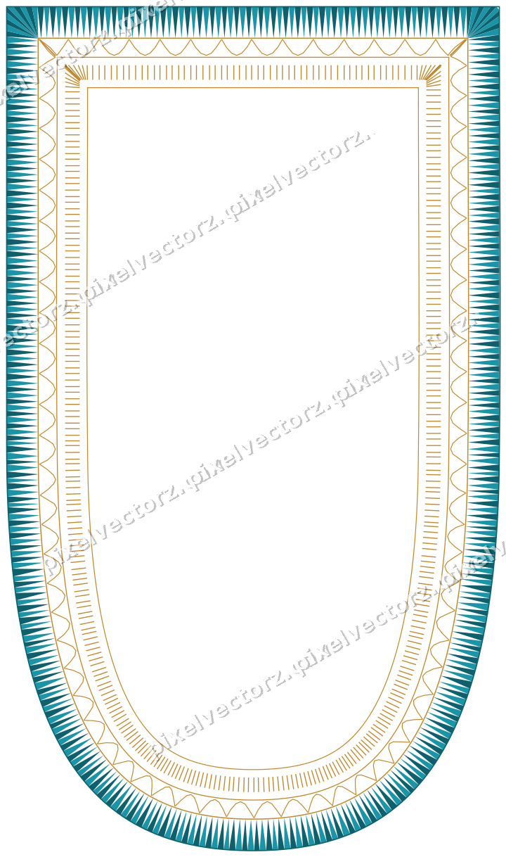 Decorative line art frame in amber and dark teal with shield