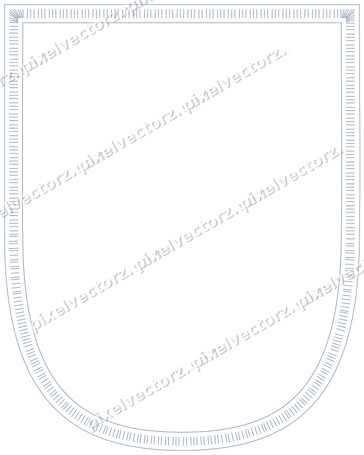 Decorative line art frame in dark blue and amber with shield