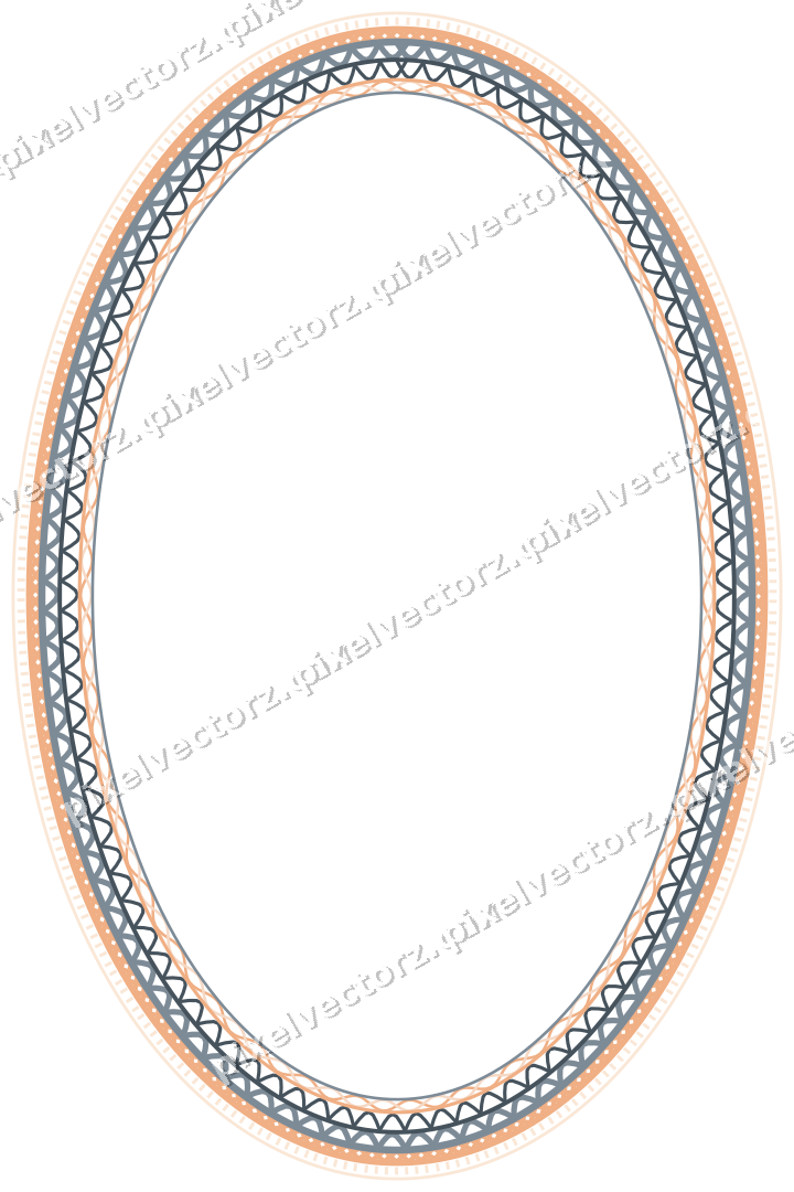 Decorative line art frame in blue and orange with oval and dashed line