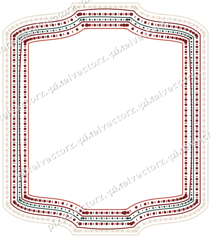 Decorative line art frame in dark red and dark green with label plaque