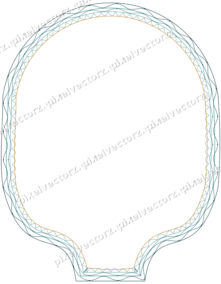 Decorative line art frame in amber and dark teal with label plaque