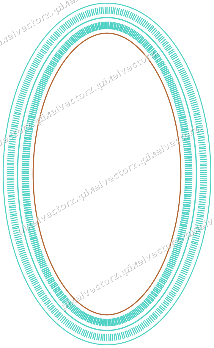 Decorative line art frame in orange and teal with oval and dashed line