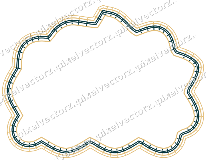 Decorative line art frame in amber and dark teal with label plaque