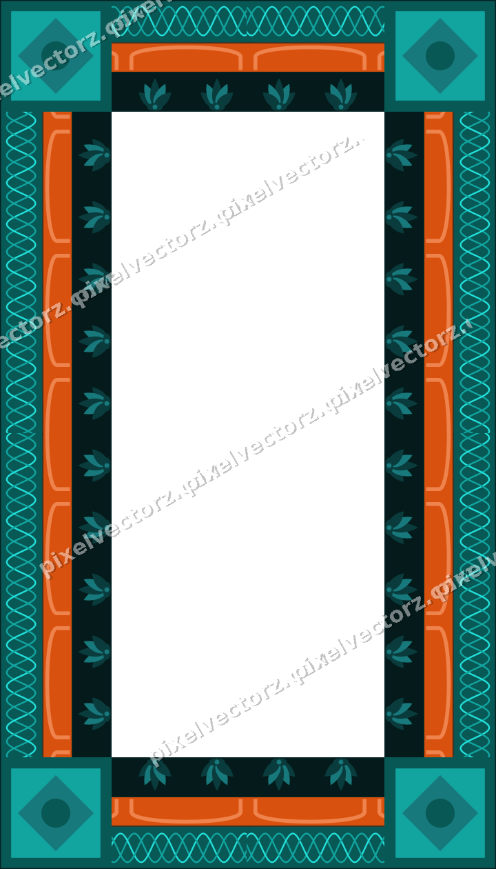 Decorative picture frame border in orange and teal with guilloche band