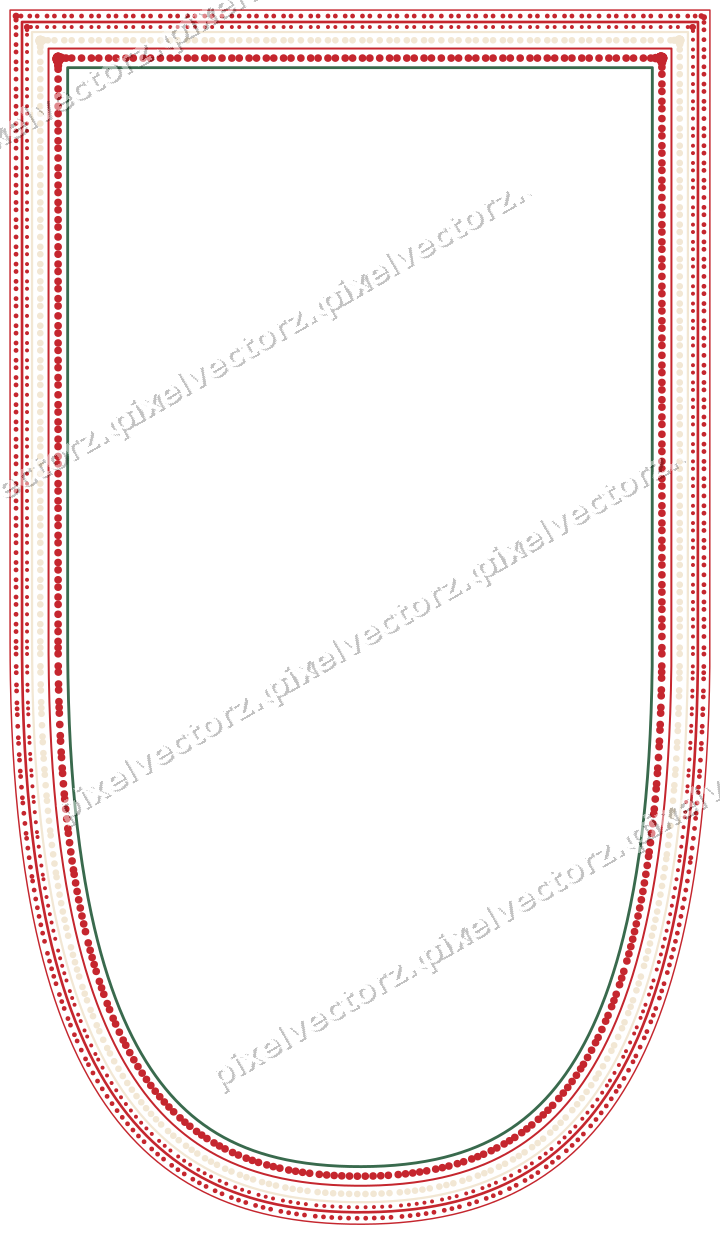 Decorative line art frame in dark green and red with shield