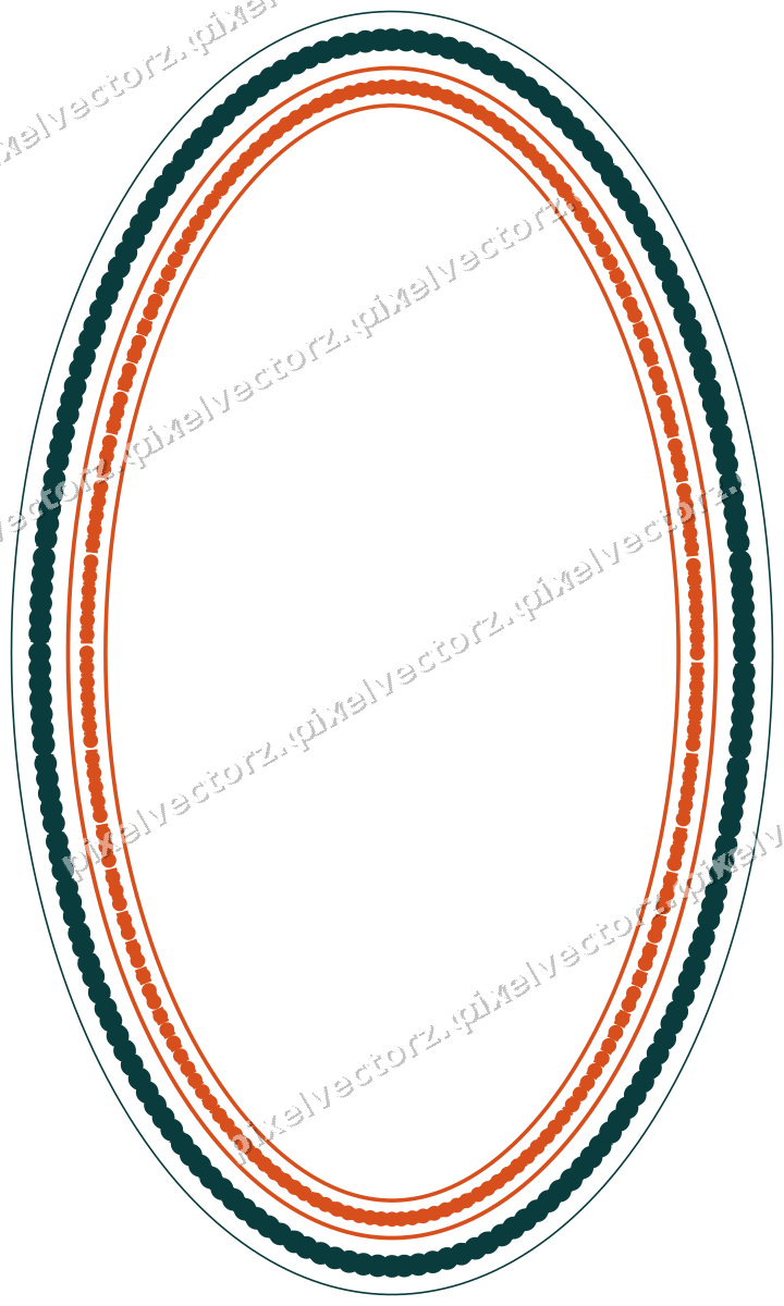 Decorative line art frame in orange and teal with oval and beaded line