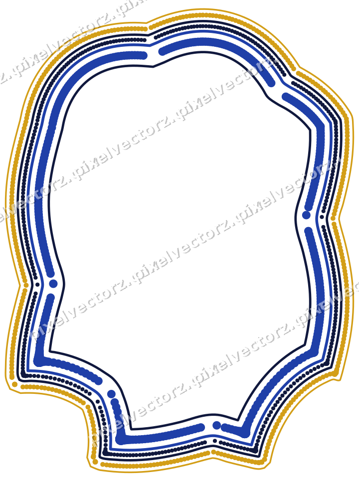 Decorative line art frame in amber and blue with label plaque