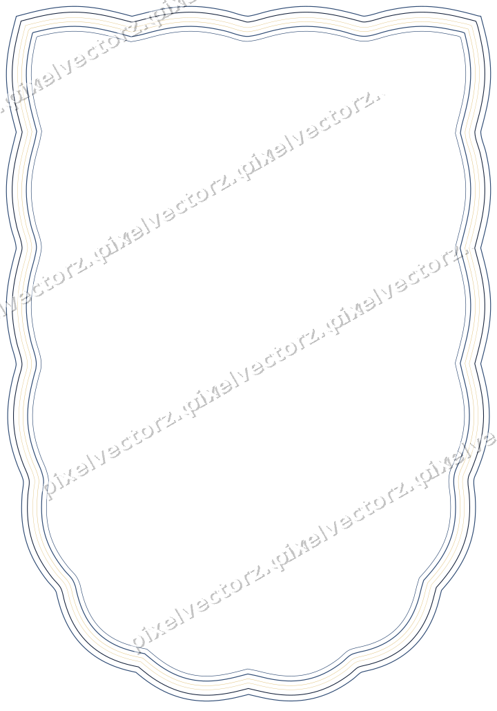 Decorative line art frame in dark blue and amber with shield