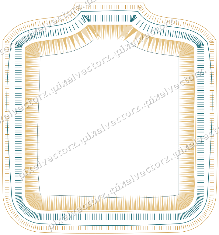 Decorative line art frame in amber and dark teal with label plaque
