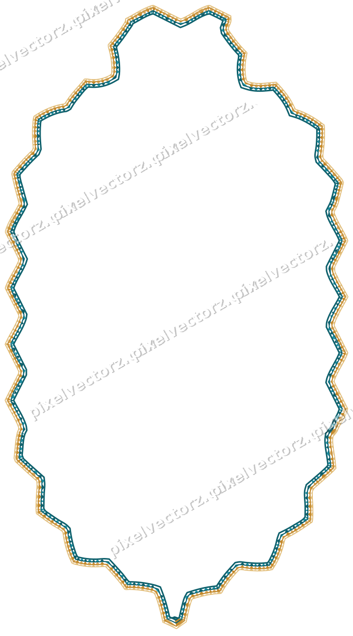 Decorative line art frame in amber and dark teal with label plaque