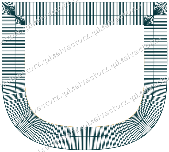Decorative line art frame in amber and dark teal with shield