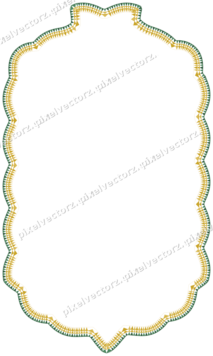 Decorative line art frame in dark green and amber with label plaque