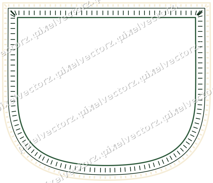 Decorative line art frame in dark green and amber with shield