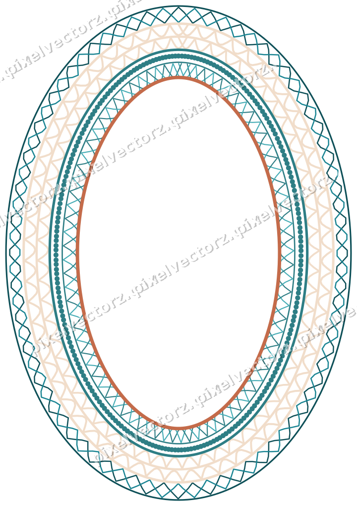 Decorative line art frame in dark teal and orange with oval