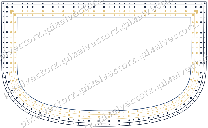 Decorative line art frame in dark blue and amber with shield