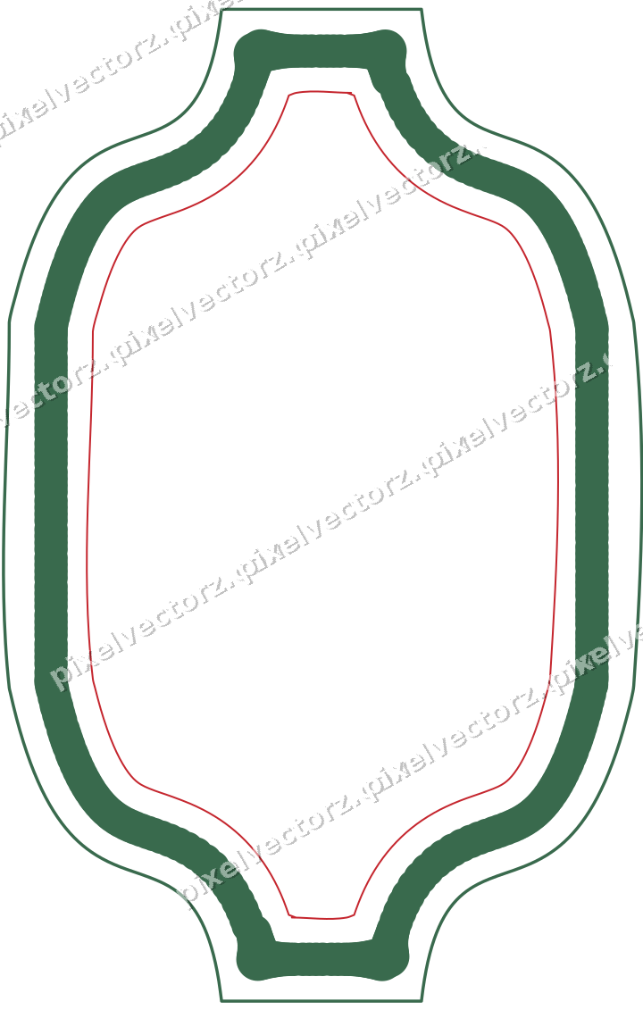 Decorative line art frame in dark green and red with label plaque