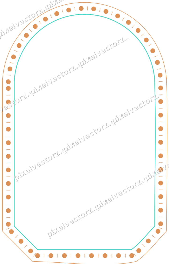 Decorative line art frame in orange and teal with label plaque