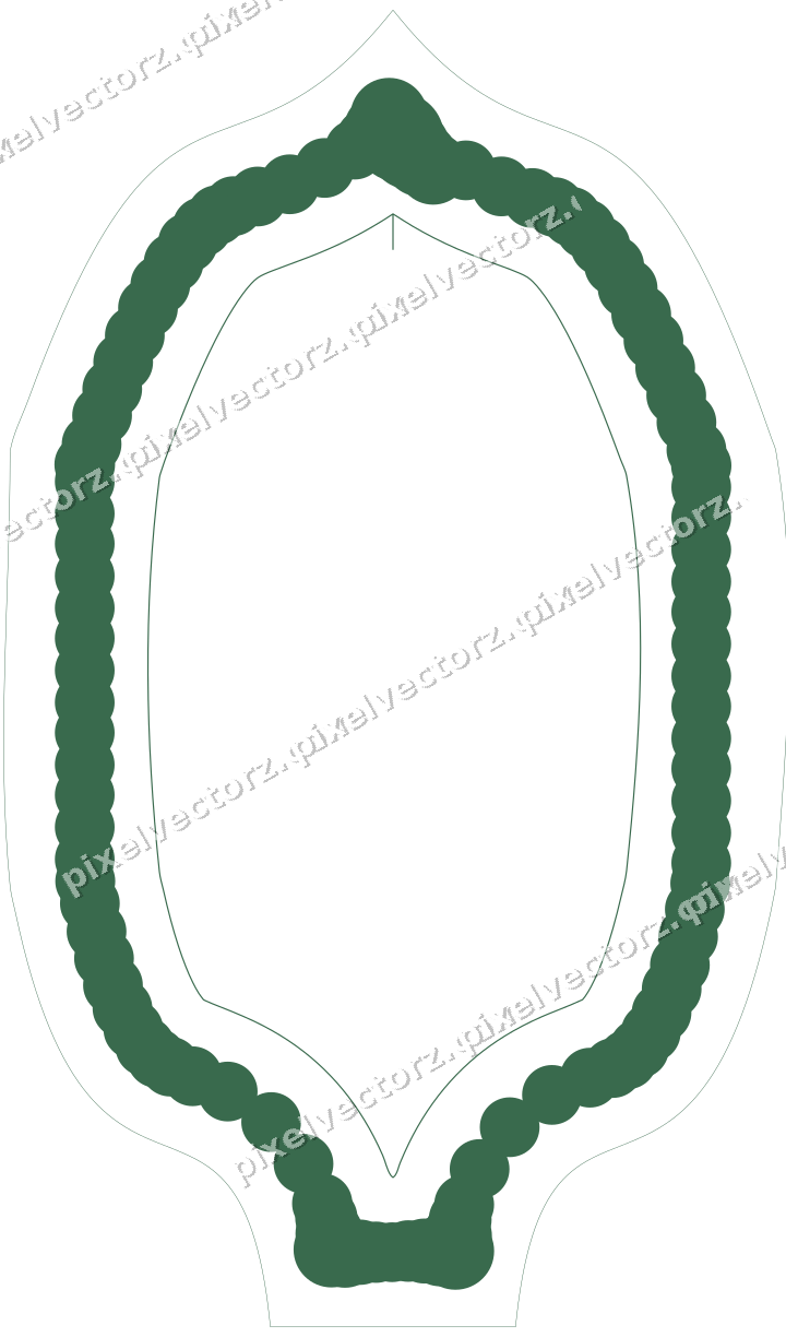 Decorative line art frame in dark green and red with label plaque