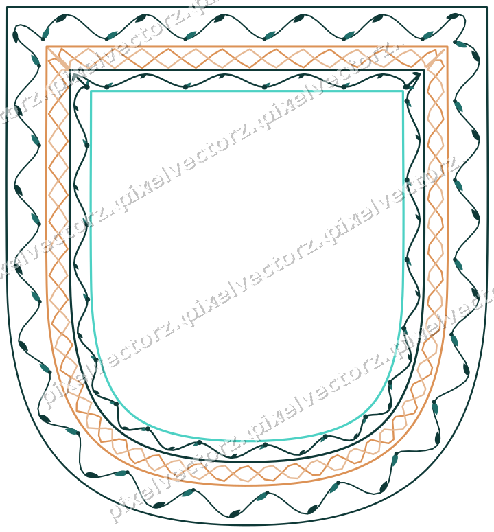 Decorative line art frame in orange and teal with shield