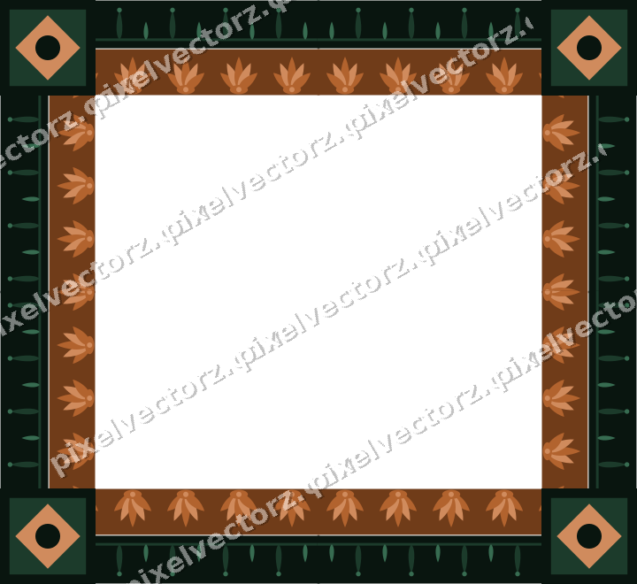 Decorative picture frame border in dark green and orange with palmette