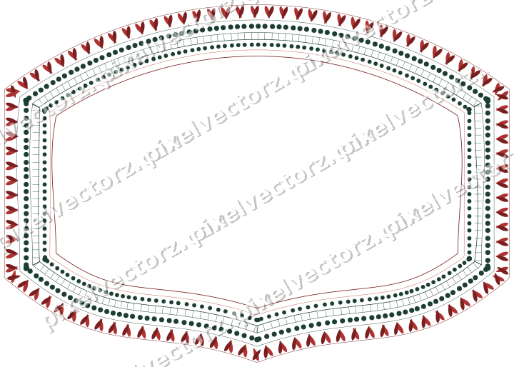 Decorative line art frame in dark red and dark green with label plaque