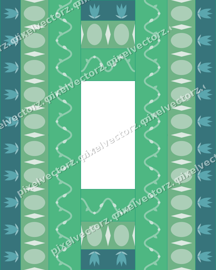 Decorative picture frame border in green and teal with scrolling vine