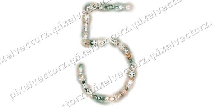 Nahtlose Glitzerzahl 5 aus Sternen und Ringen auf transparentem Grund