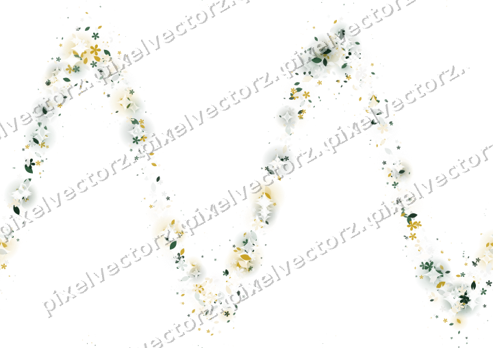 Nahtlose Glitzerwelle aus Blüten und Tropfen auf transparentem Grund
