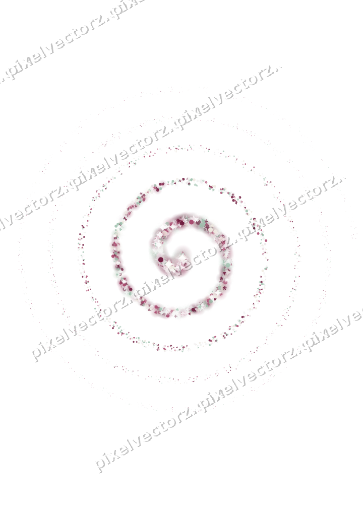 Nahtlose Glitzerspirale aus Blüten und Punkten auf transparentem Grund