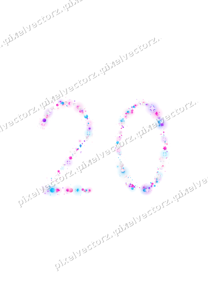 Nahtlose Glitzerzahl 20 in Magenta und Violett auf transparentem Grund