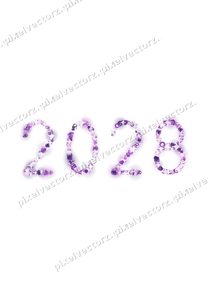 Nahtlose Glitzerzahl 2028 in Violett auf transparentem Grund