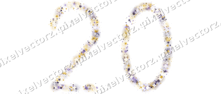 Nahtlose Glitzerzahl 20 aus Sternen und Blüten auf transparentem Grund