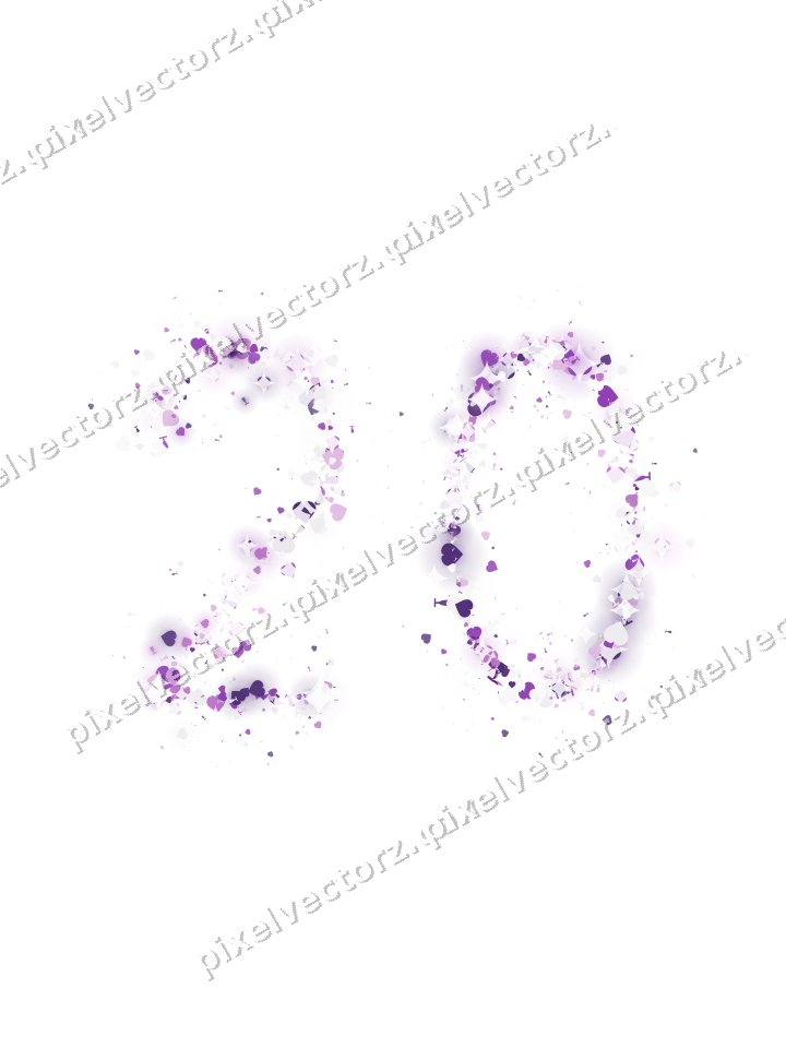 Nahtlose Glitzerzahl 20 in Violett auf transparentem Grund